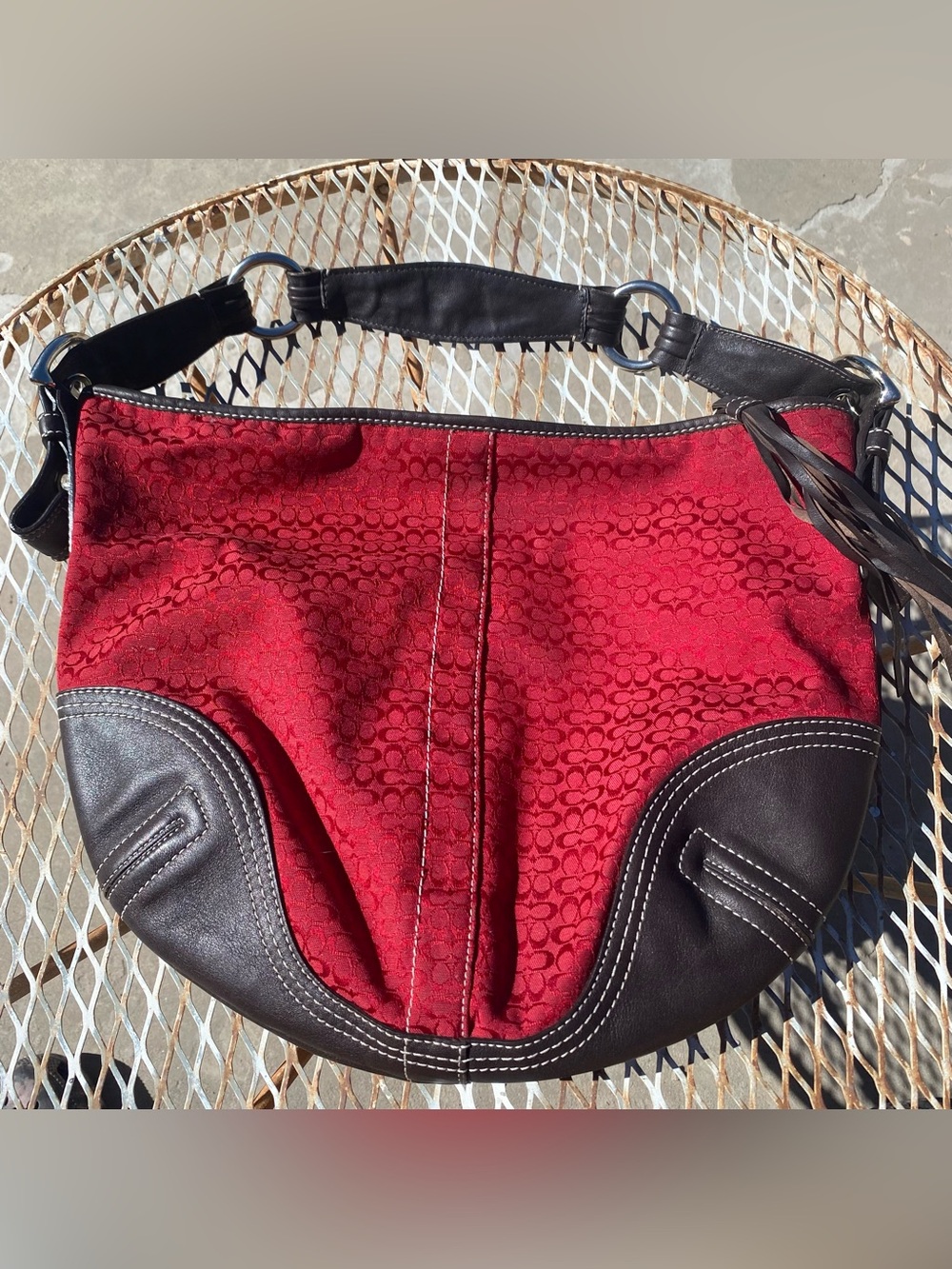 Coach Signature Large Soho Hobo Shoulder Bag Red Brown Canvas Leather Y2K  Vtg